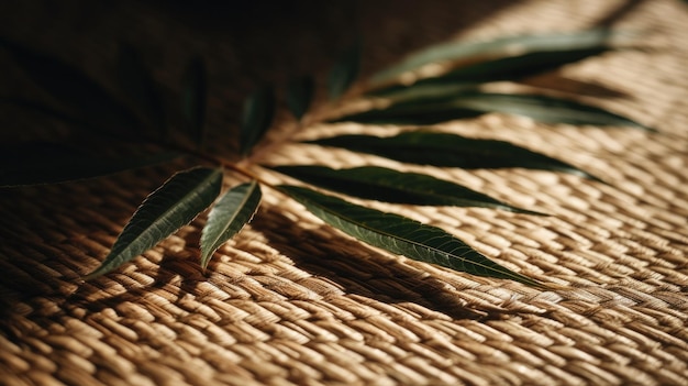 A close up of a woven mat with leaves on it