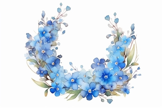 a close up of a wreath of blue flowers and leaves generative ai