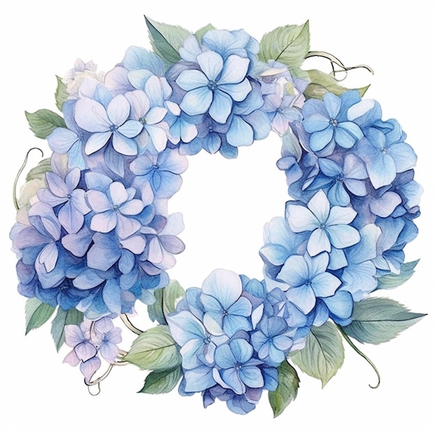 Photo a close up of a wreath of blue flowers with green leaves generative ai