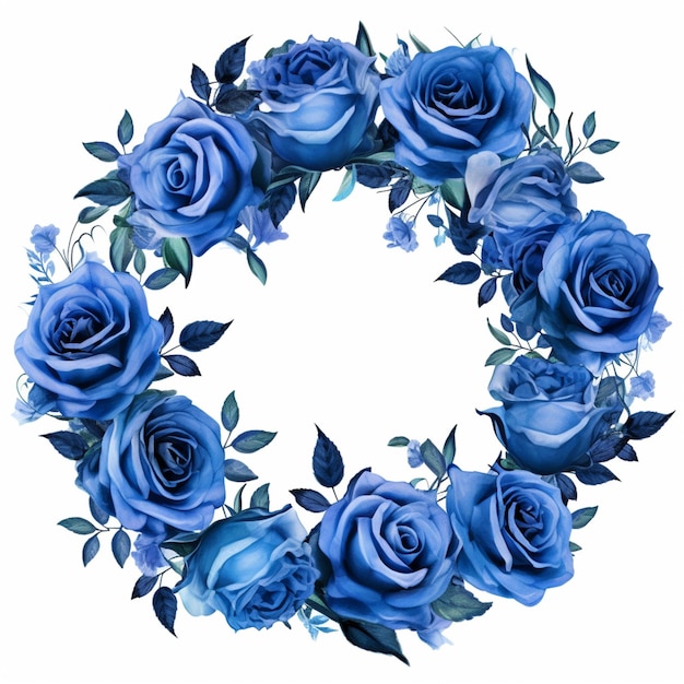 A close up of a wreath of blue roses with leaves generative ai