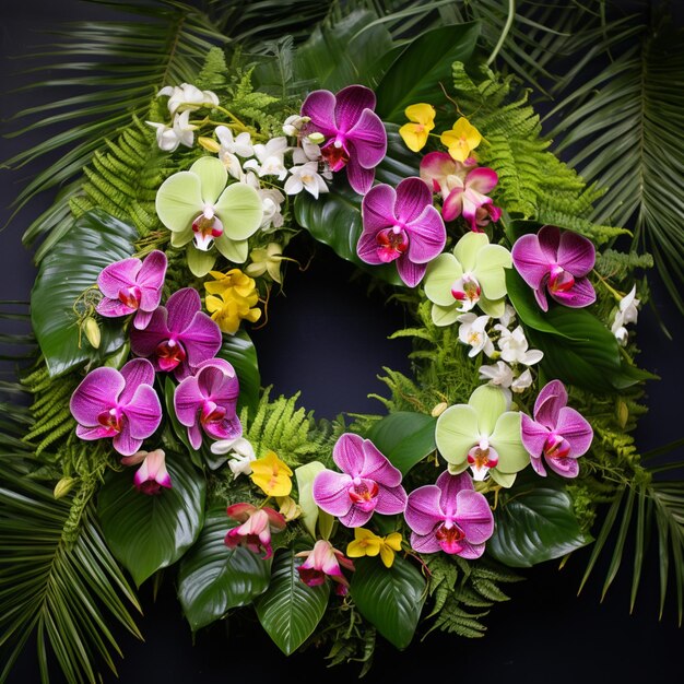 Foto un primo piano di una corona di fiori e foglie su sfondo nero ai generativa