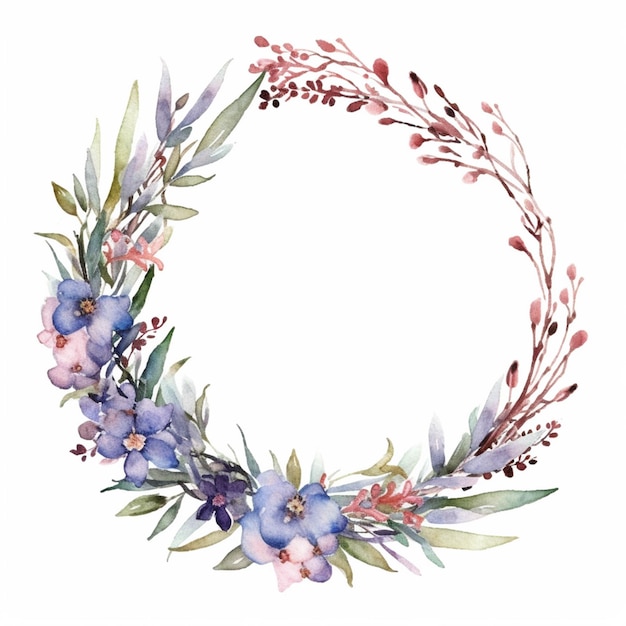 A close up of a wreath of flowers and leaves on a white background generative ai