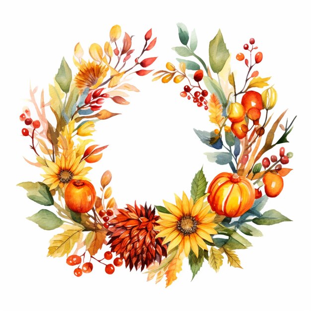 a close up of a wreath of flowers and leaves with a white background generative ai