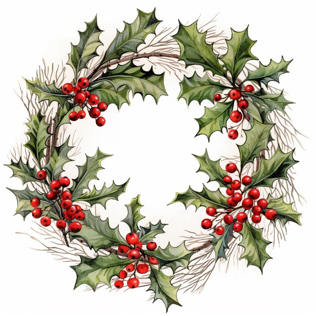 a close up of a wreath of holly leaves and red berries generative ai