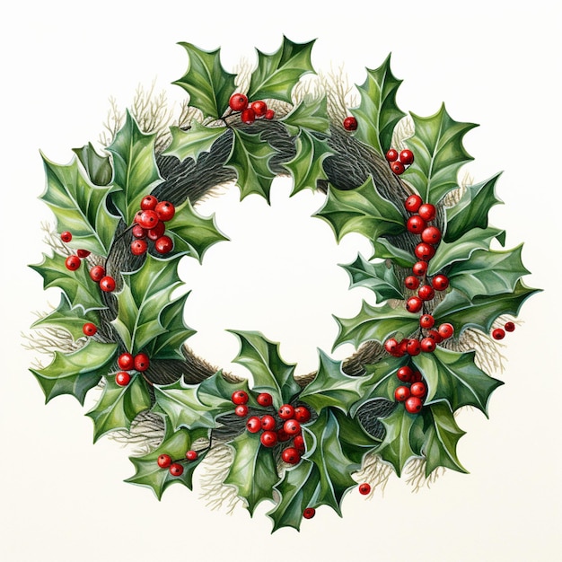 a close up of a wreath of holly leaves and red berries generative ai