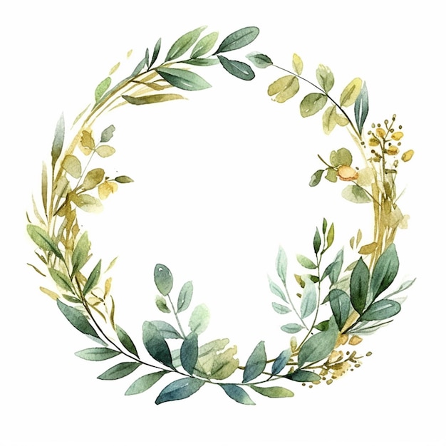 A close up of a wreath of leaves and flowers on a white background generative ai