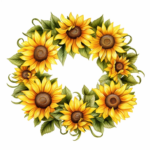 A close up of a wreath of sunflowers with leaves generative ai