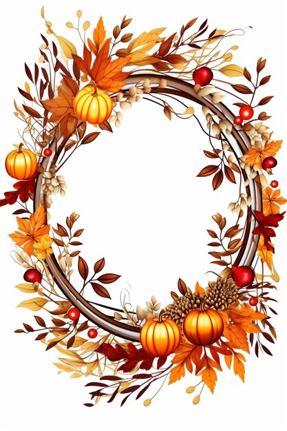 a close up of a wreath with autumn leaves and pumpkins generative ai