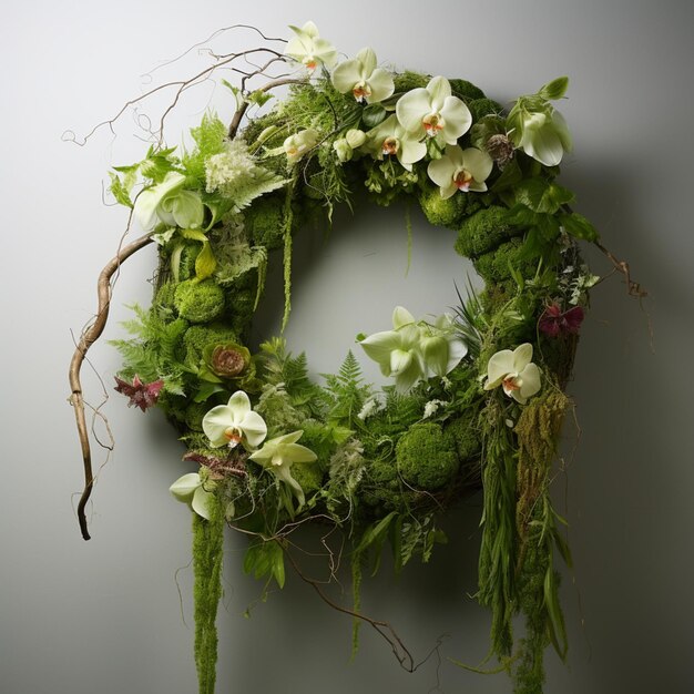 a close up of a wreath with flowers and greenery on a wall generative ai