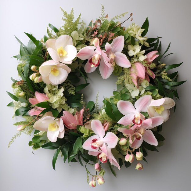 Photo a close up of a wreath with flowers and greenery on a wall generative ai