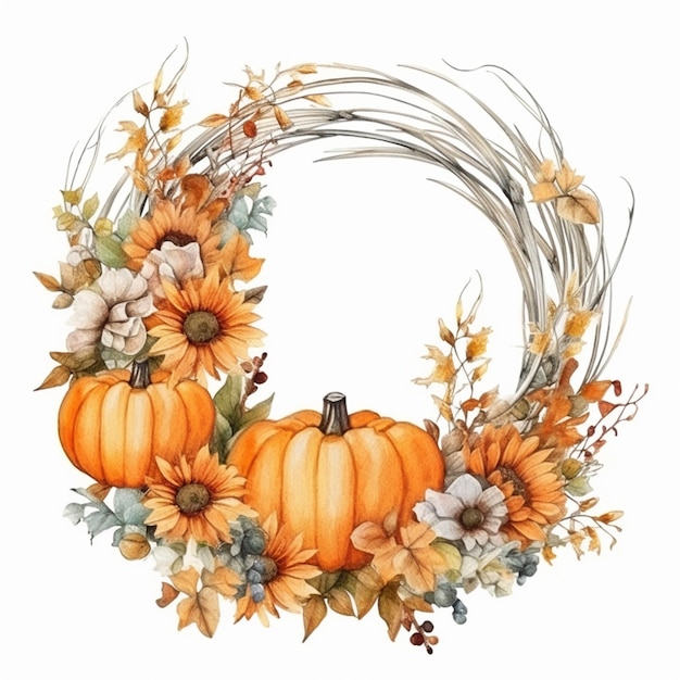 A close up of a wreath with flowers and pumpkins generative ai