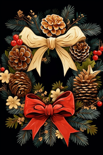 a close up of a wreath with pine cones and berries generative ai