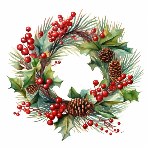 a close up of a wreath with pine cones and holly leaves generative ai