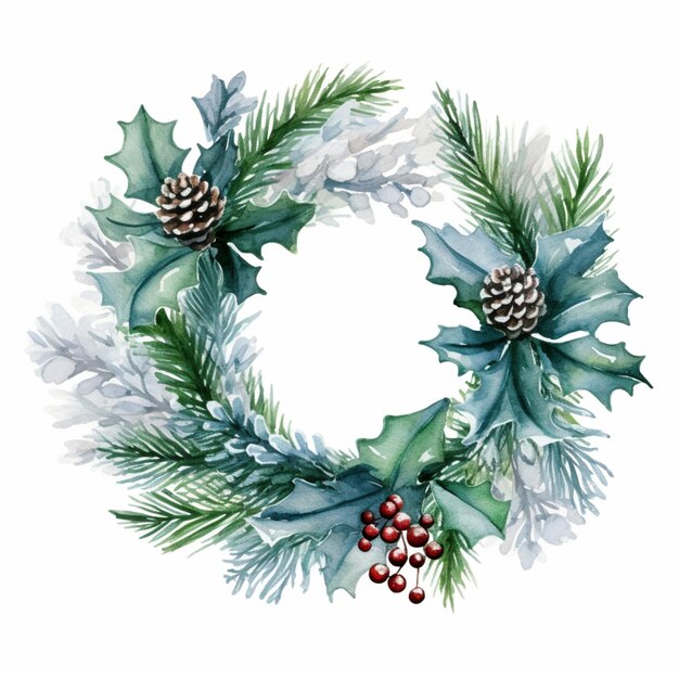 a close up of a wreath with pine cones and holly leaves generative ai