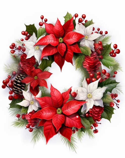 a close up of a wreath with poinsettia and pine cones generative ai