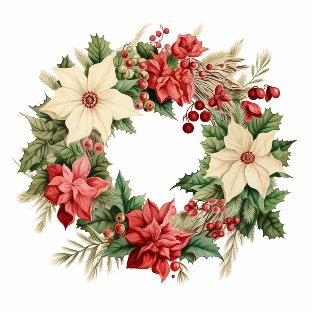 a close up of a wreath with poinsettis and holly leaves generative ai