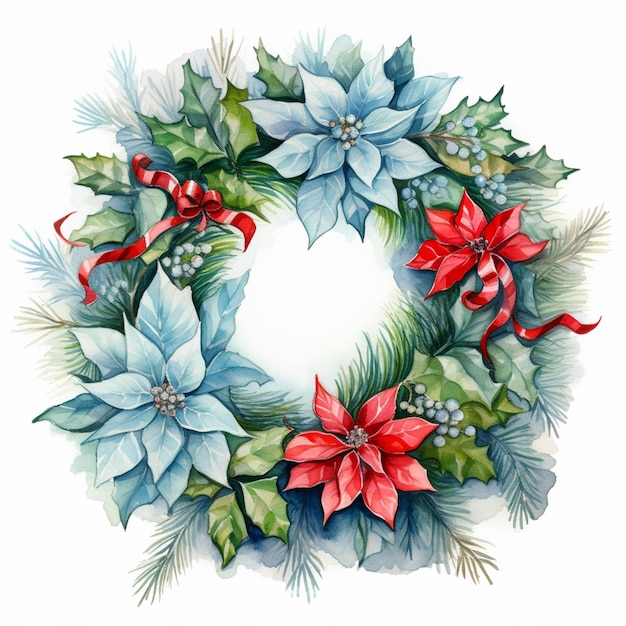 A close up of a wreath with poinsettis and holly leaves generative ai