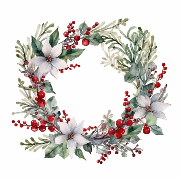 A close up of a wreath with red berries and white flowers generative ai