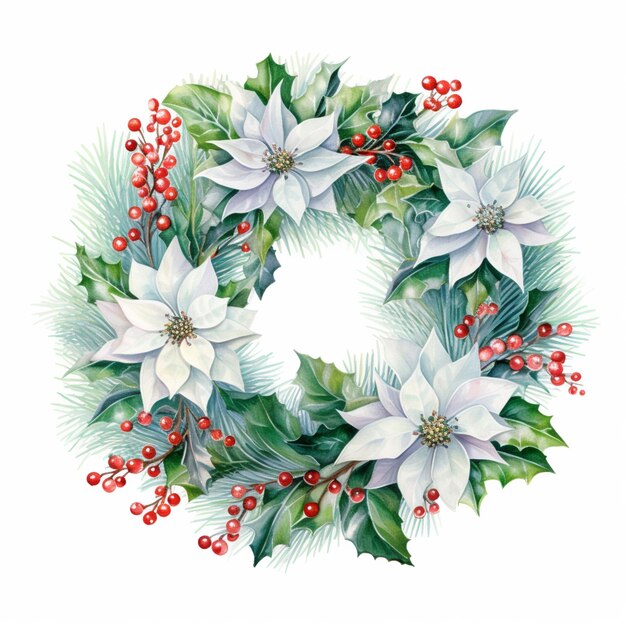 a close up of a wreath with white flowers and red berries generative ai