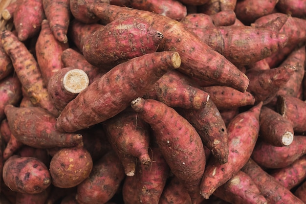 Close up yam pile in the market 