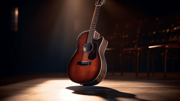 Close up yellow acoustic guitar on a stand in front of a stage set up for an upcoming concert