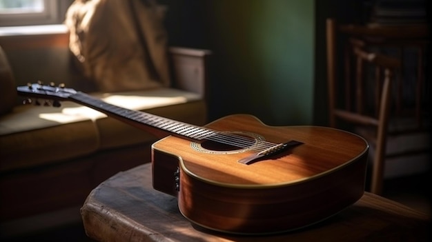 Close up yellow acoustic guitar on a stand in front of a stage set up for an upcoming concert