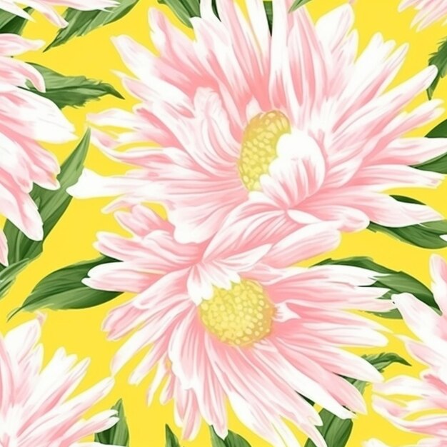 a close up of a yellow background with pink flowers generative ai