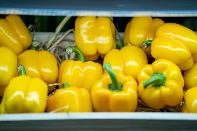 Foto close-up di peperoncini gialli per la vendita al mercato