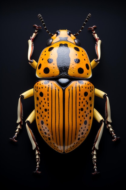 A close up of a yellow and black bug with black spots generative ai