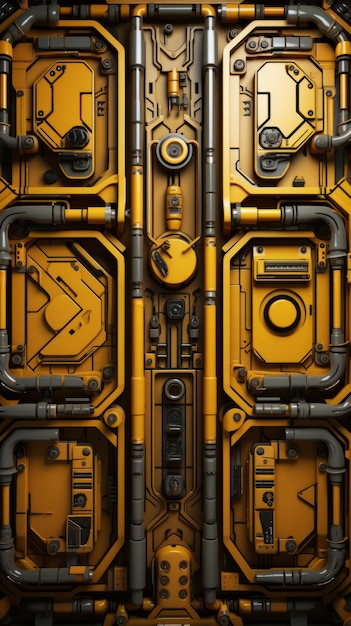 a close up of a yellow and black metal door