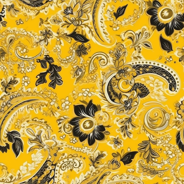 A close up of a yellow and black paisley print fabric generative ai