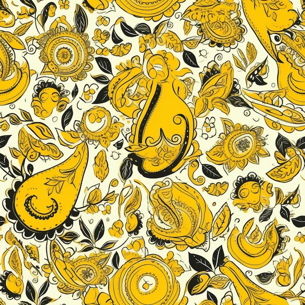 A close up of a yellow and black pattern with birds and flowers generative ai