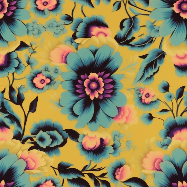 A close up of a yellow and blue floral pattern with black leaves generative ai