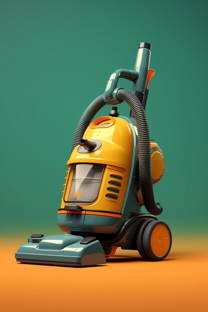 a close up of a yellow and blue vacuum cleaner on a brown surface generative ai