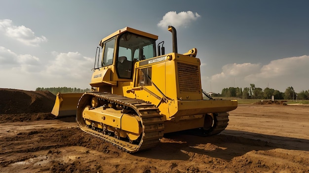 Foto un primo piano di un bulldozer giallo su un campo di terra