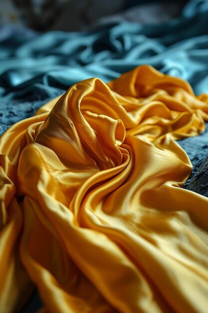 a close up of a yellow cloth on a bed