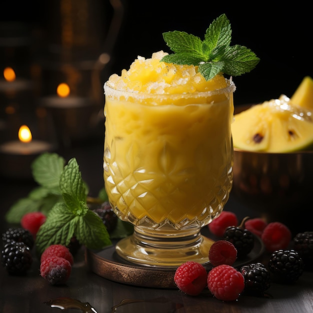 Close up of yellow cocktail with fruit