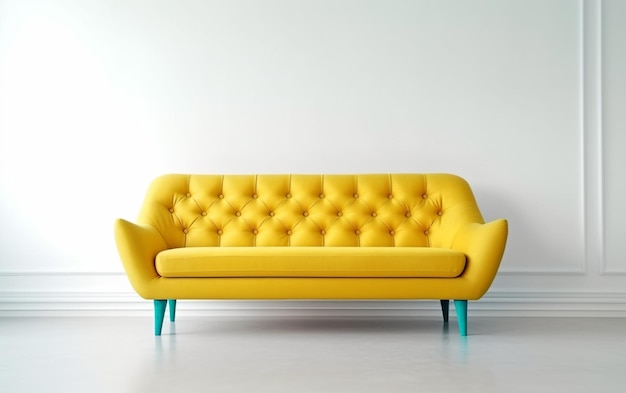 A close up of a yellow couch against a white wall generative ai