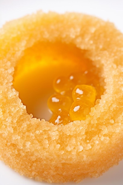 a close up of a yellow donut with a hole in the middle.