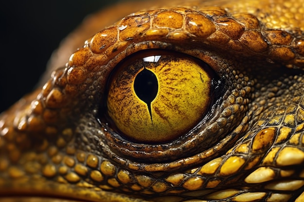 Close up of the yellow eye of a scaly reptile Generative AI