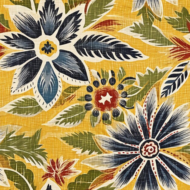 a close up of a yellow floral fabric with blue and red flowers generative ai