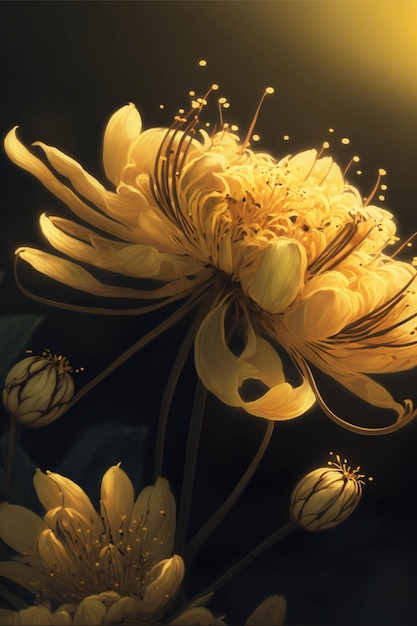 Close up of a yellow flower on a black background generative ai