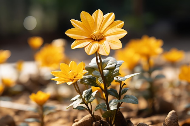 a close up of a yellow flower in the dirt