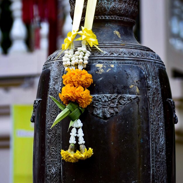 Close-up of yellow flower hanging on metal grate