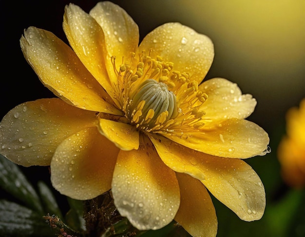 Close up of a yellow flower with raindrops on the petals