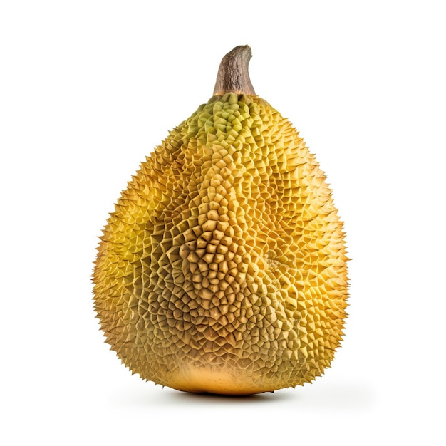 A close up of a yellow and green fruit with the top one showing the green and yellow leaves.