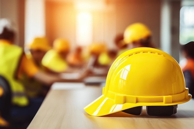 Close up of yellow helmet with Engineer teams meeting together on table in office