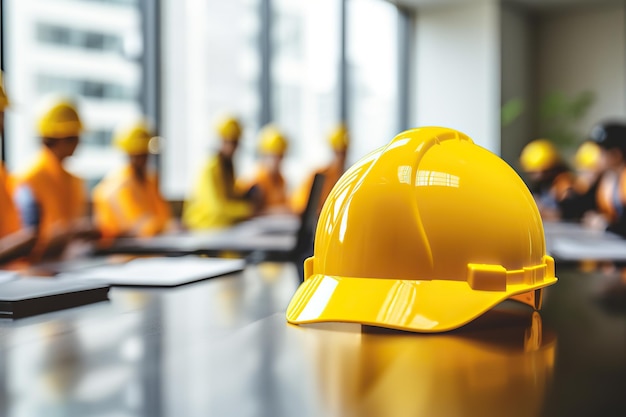 Close up of yellow helmet with Engineer teams meeting together on table in office