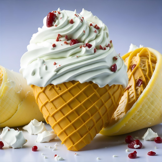 A close up of a yellow ice cream with a pomegranate on it.