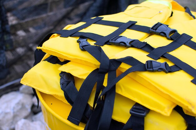 Close-up of yellow life jackets